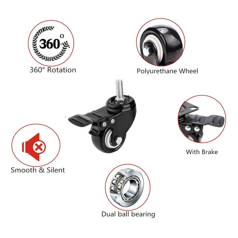 Youngine 4 Pack, Youngine Locking Threaded Stem Mount 1.5"" Swivel Caster Rotation Polyurethane Castor Wheel and Brake for trolley, Carts, Furniture, Dolly, Workbench (Threaded Stem: 8 x 25mm) - Image 4